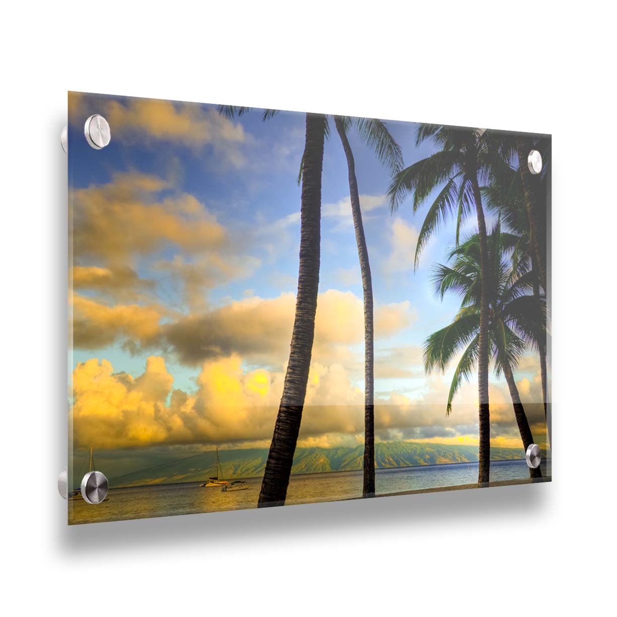 A photo of a collection of palm trees, backed by a view of the sea and distance mountainous islands lit with yellow from the low sun. Printed on acrylic.