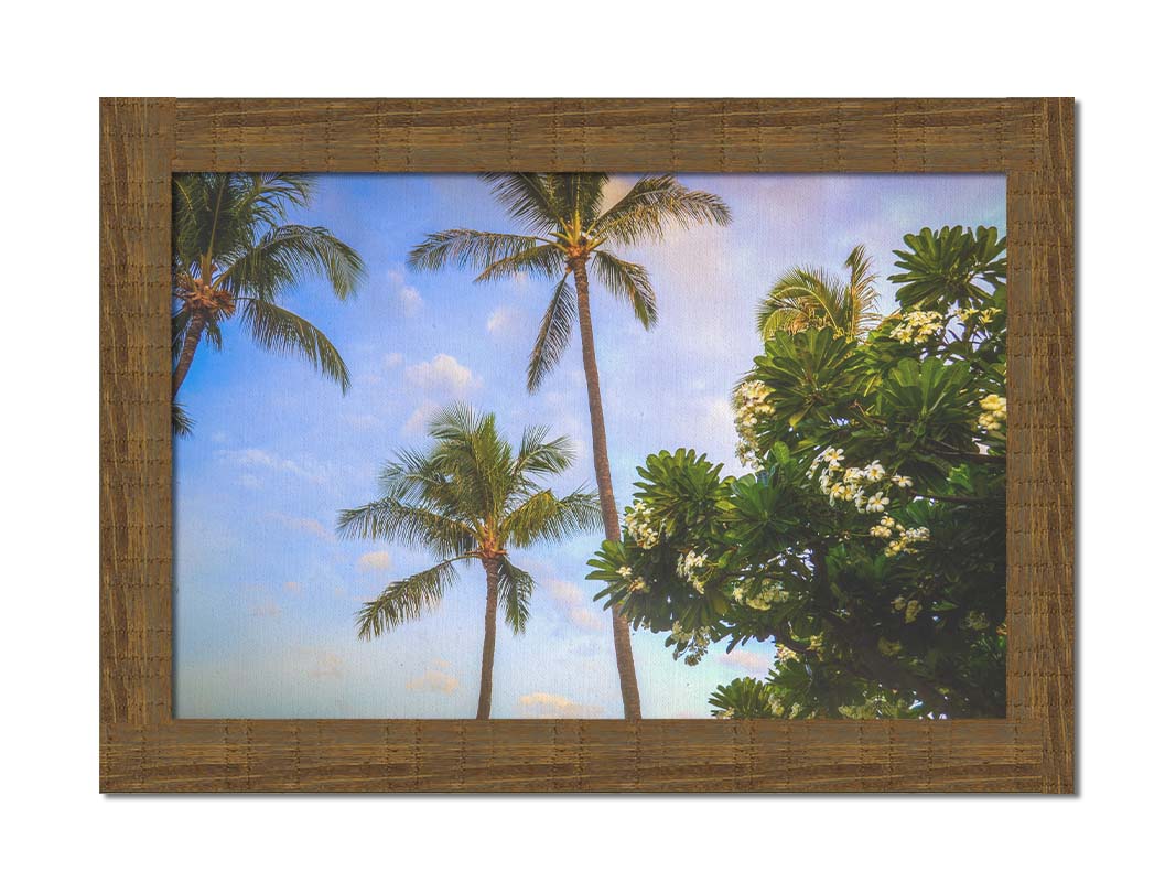 A photo looking up at palm trees and plumeria plants set against a blue sky. Printed on canvas and framed.