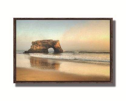 A photo of a "natural bridge" rock formation in Santa Cruz, California. A group of pelicans sit on top of the structure above the sea. Printed on canvas in a float frame.