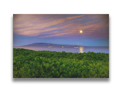 A photo overlooking the sea off the coast of Hawaiʻi as the moon sets. The foreground is filled with greenery, and ships can be seen sailing on the waters with mountains in the distance. Printed on canvas.