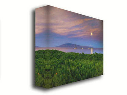 A photo overlooking the sea off the coast of Hawaiʻi as the moon sets. The foreground is filled with greenery, and ships can be seen sailing on the waters with mountains in the distance. Printed on canvas.