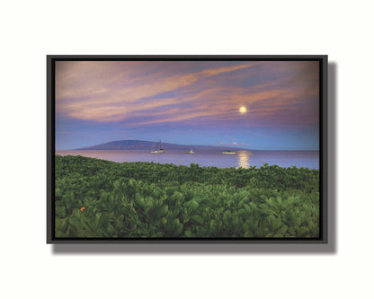 A photo overlooking the sea off the coast of Hawaiʻi as the moon sets. The foreground is filled with greenery, and ships can be seen sailing on the waters with mountains in the distance. Printed on canvas in a float frame.