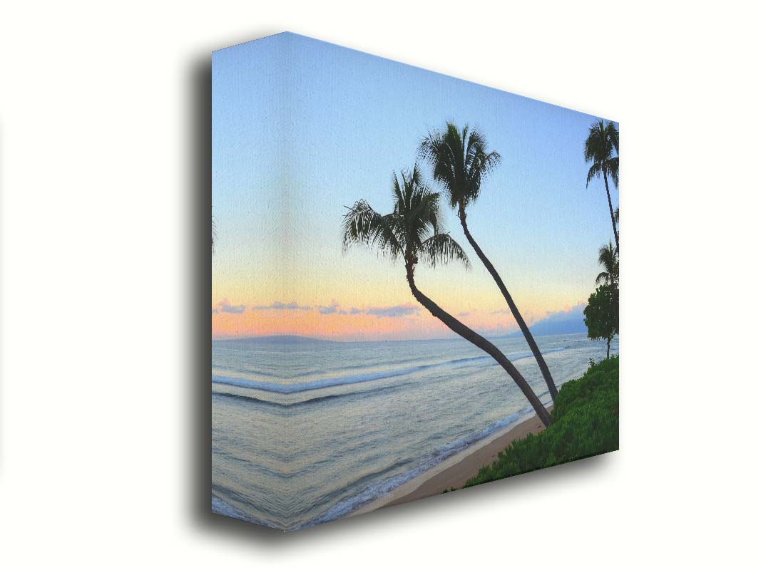 A photo of palm trees silhouetted against the sunrise sky of Hawaiʻi. Printed on canvas.