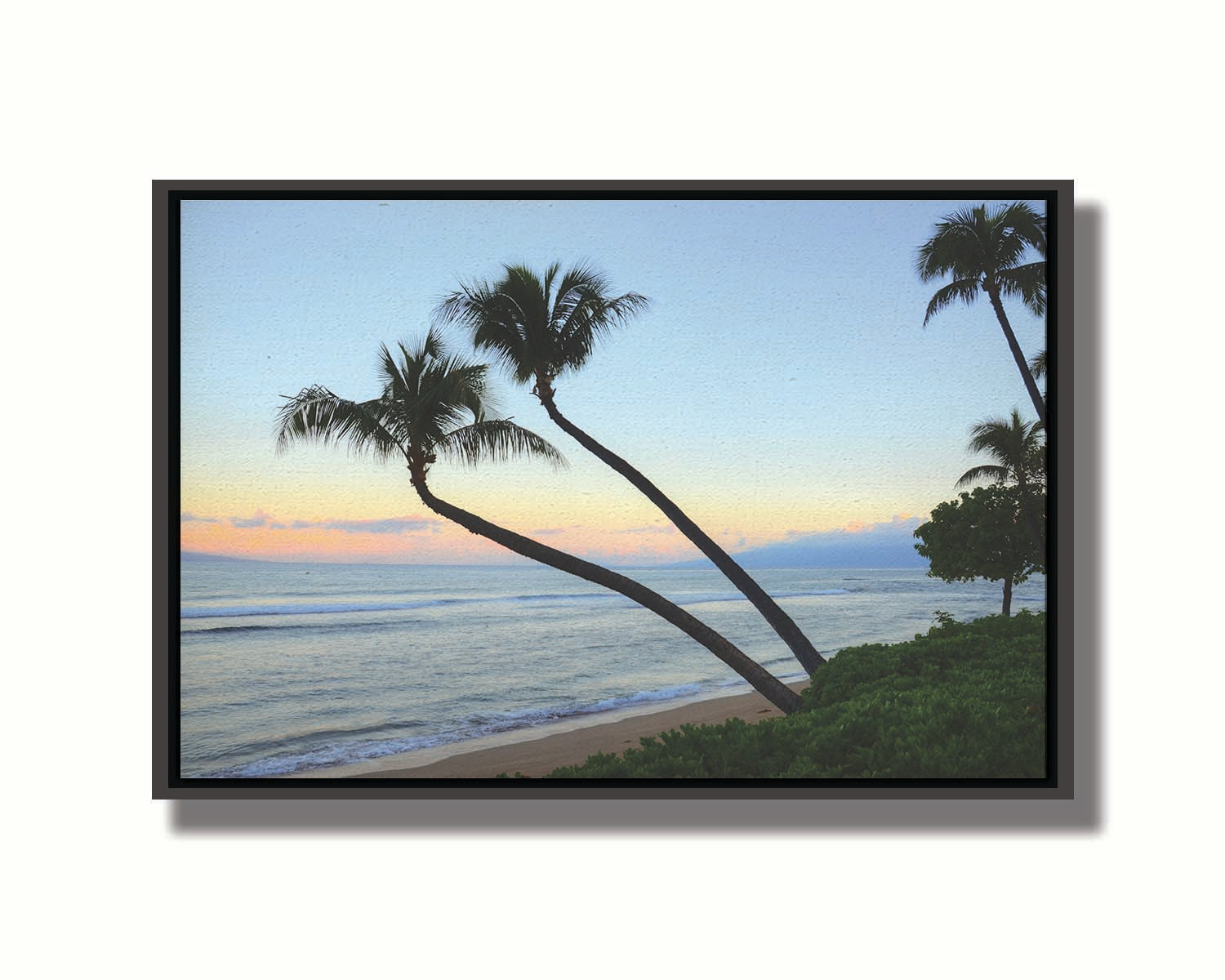 A photo of palm trees silhouetted against the sunrise sky of Hawaiʻi. Pritned on canvas in a float frame.