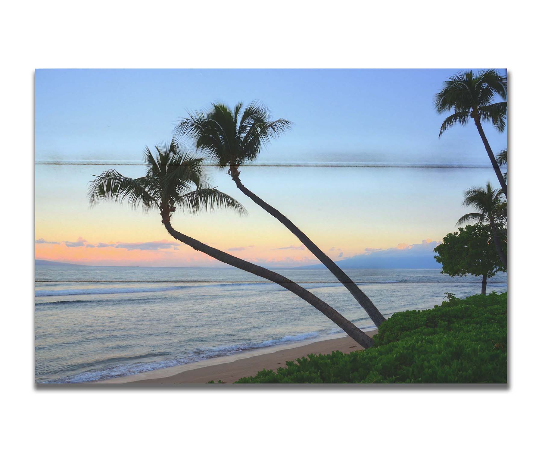 A photo of palm trees silhouetted against the sunrise sky of Hawaiʻi. Printed on a box board.