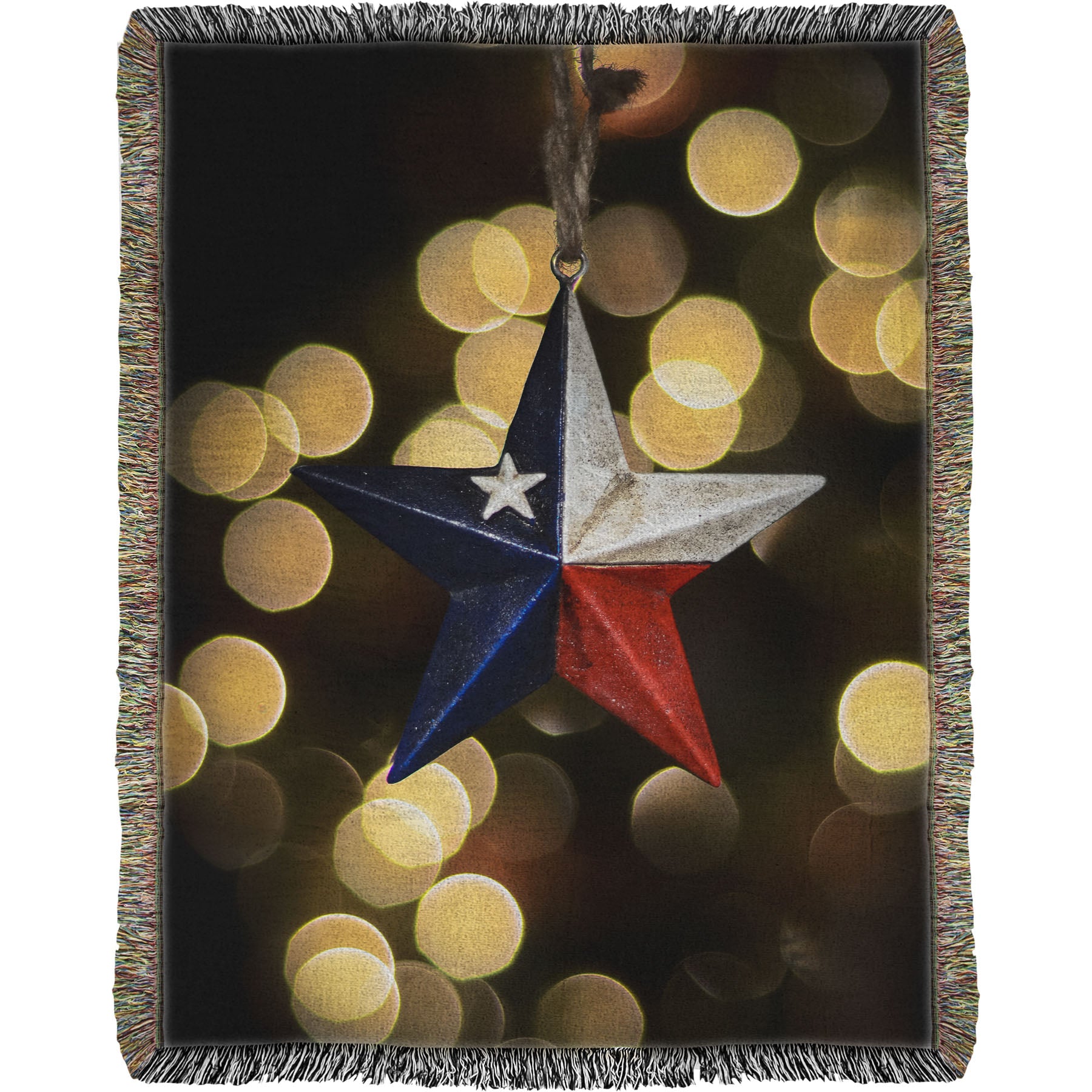 A woven throw blanket printed with the image of a star-shaped texas flag christmas ornament.