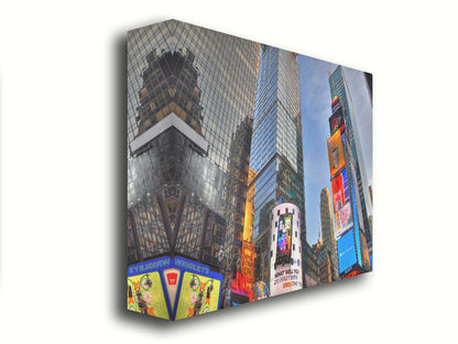 A photo looking up at the buildings and advertisements of Times Square in New York. Printed on canvas.