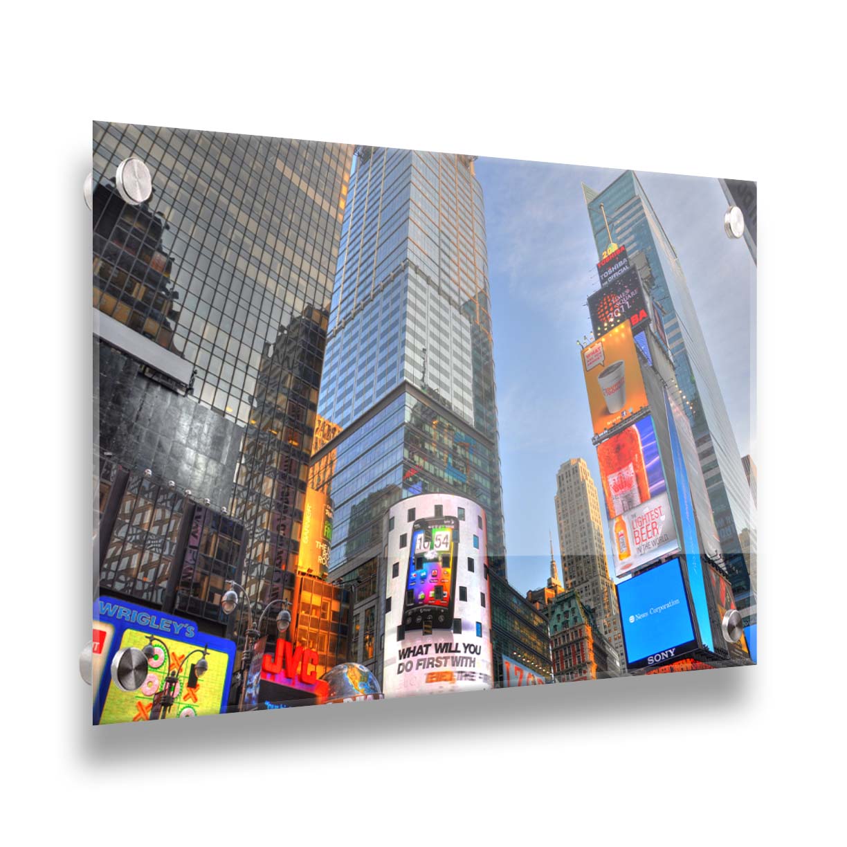 A photo looking up at the buildings and advertisements of Times Square in New York. Printed on acrylic.