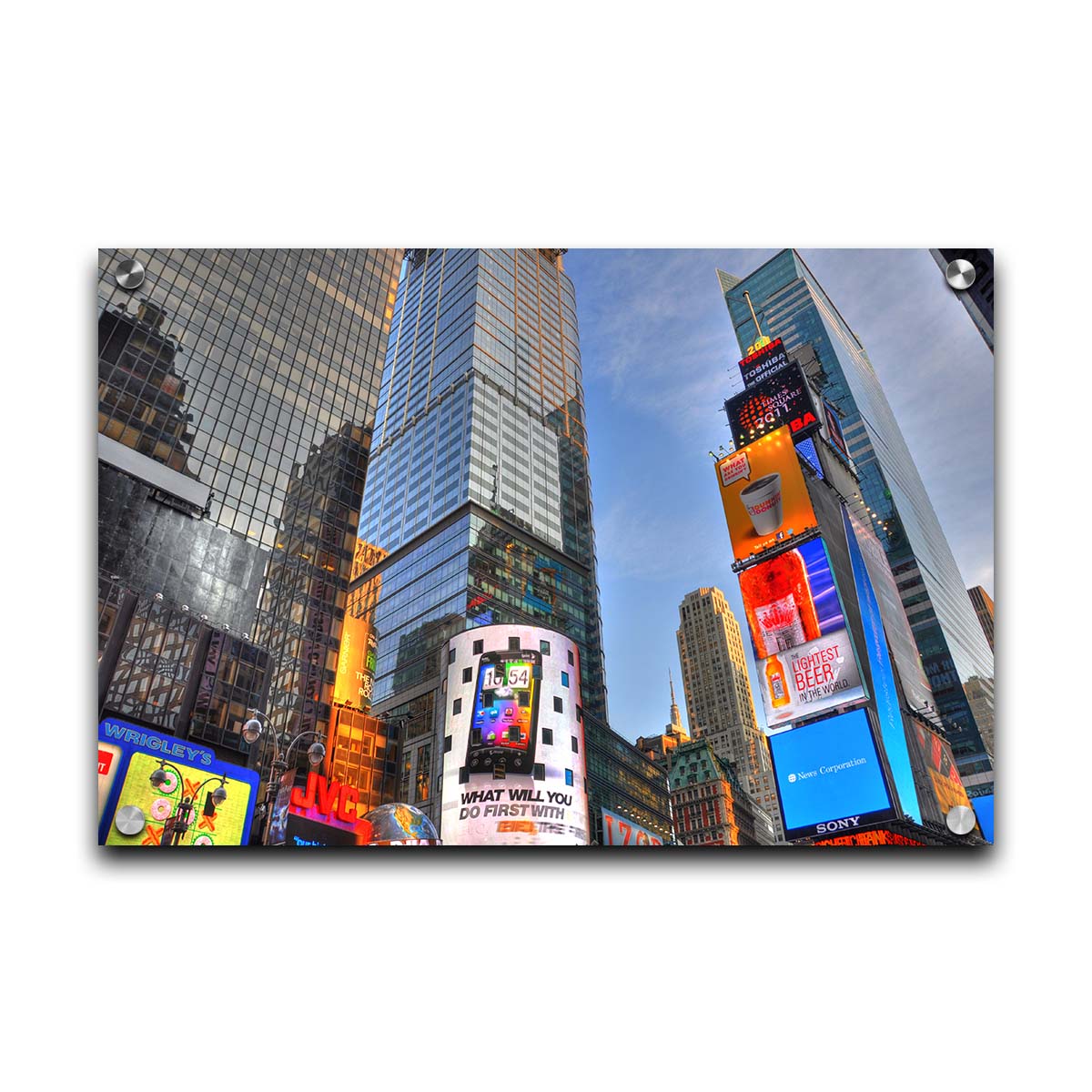 A photo looking up at the buildings and advertisements of Times Square in New York. Printed on acrylic.