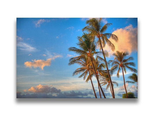 A photo looking up at several palm trees set against a bright blue sky. Printed on canvas.