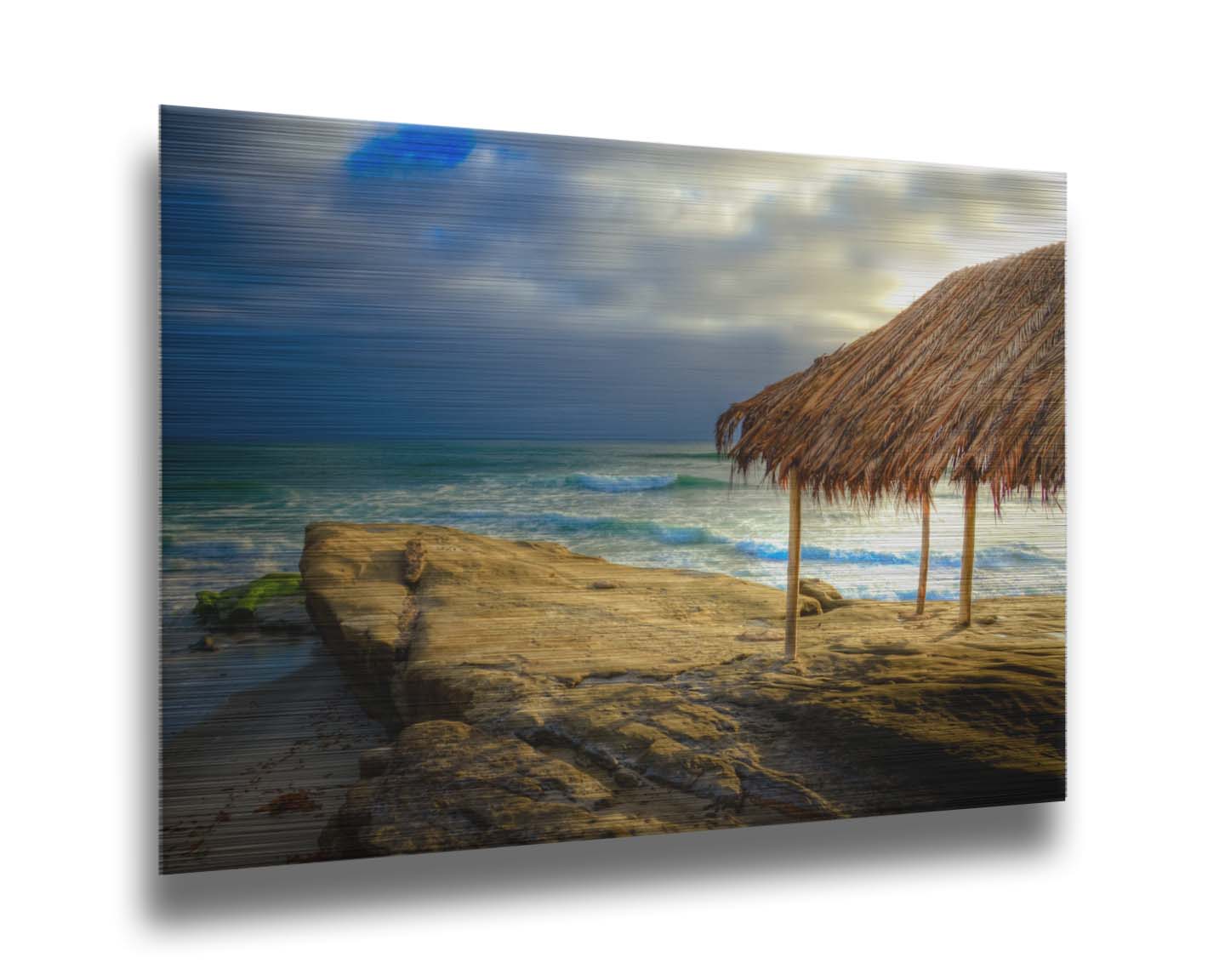 A photo of the palapa at Windansea beach, sitting on a rock in  the fading sunshine. Printed on metal.