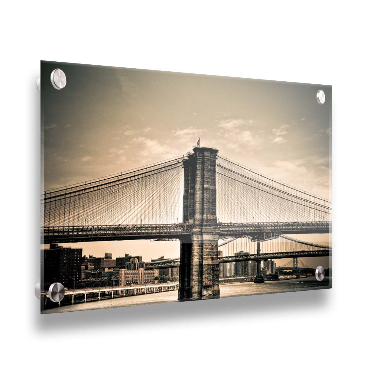 A sepia photo of the brooklyn bridge from the side, accented with a dark vignette. Printed on acrylic.