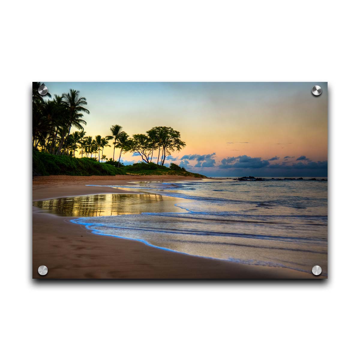 A photo of Keawakapu Beach at sunrise, with palms and mountains in the distance. Printed on acrylic.