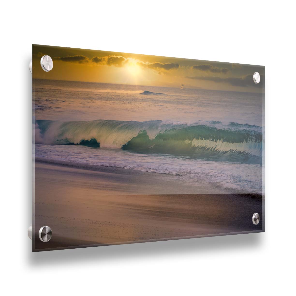 A photo of a calm sea wave rolling onto the beach on Maui at sunset. A boat can be seen on the water in the distance. Printed on acrylic.