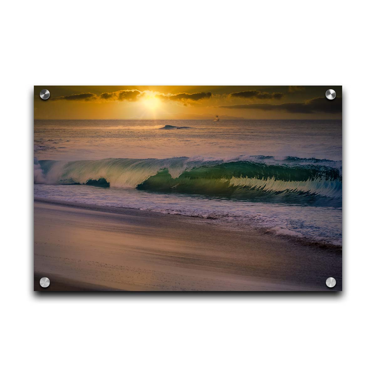 A photo of a calm sea wave rolling onto the beach on Maui at sunset. A boat can be seen on the water in the distance. Printed on acrylic.