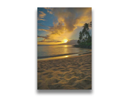 A photo of the sun low on the horizon of the sea at Maui, edited to have a painterly appearance. Printed on canvas.