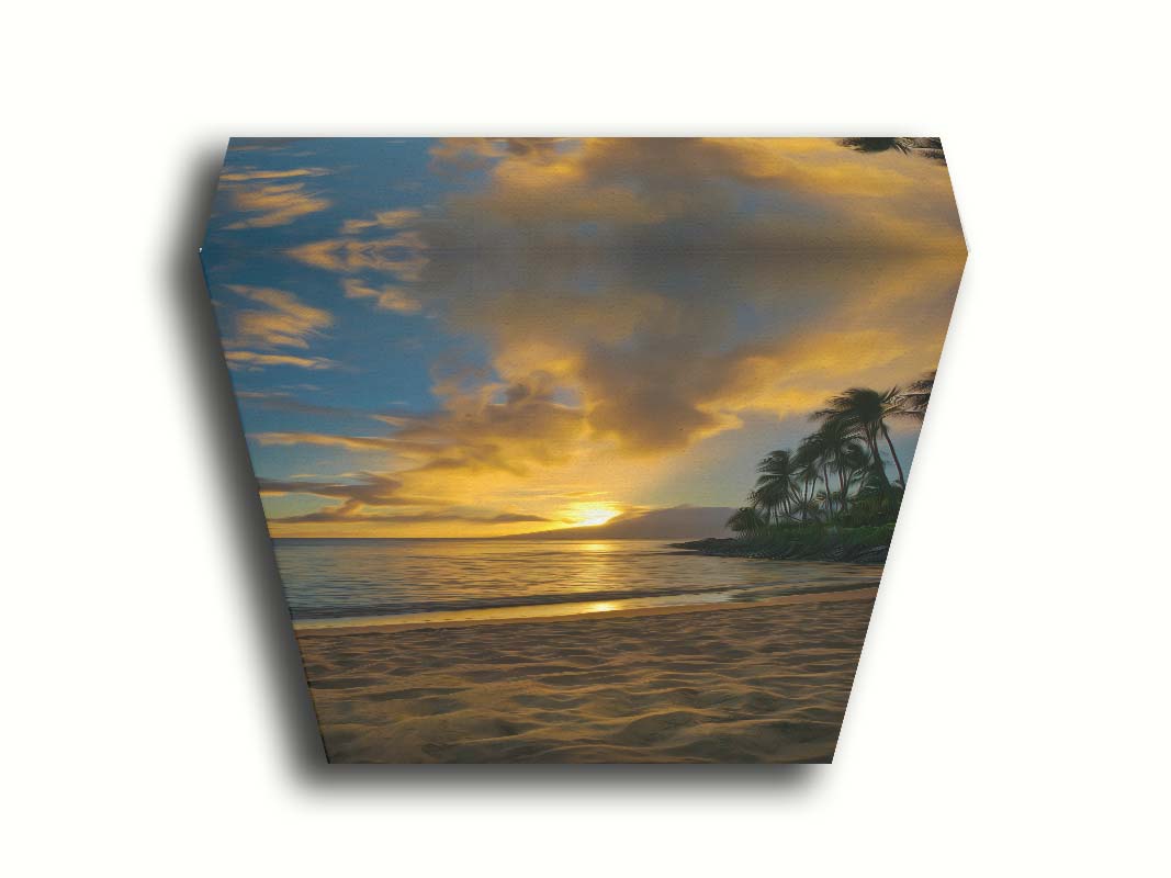 A photo of the sun low on the horizon of the sea at Maui, edited to have a painterly appearance. Printed on canvas.