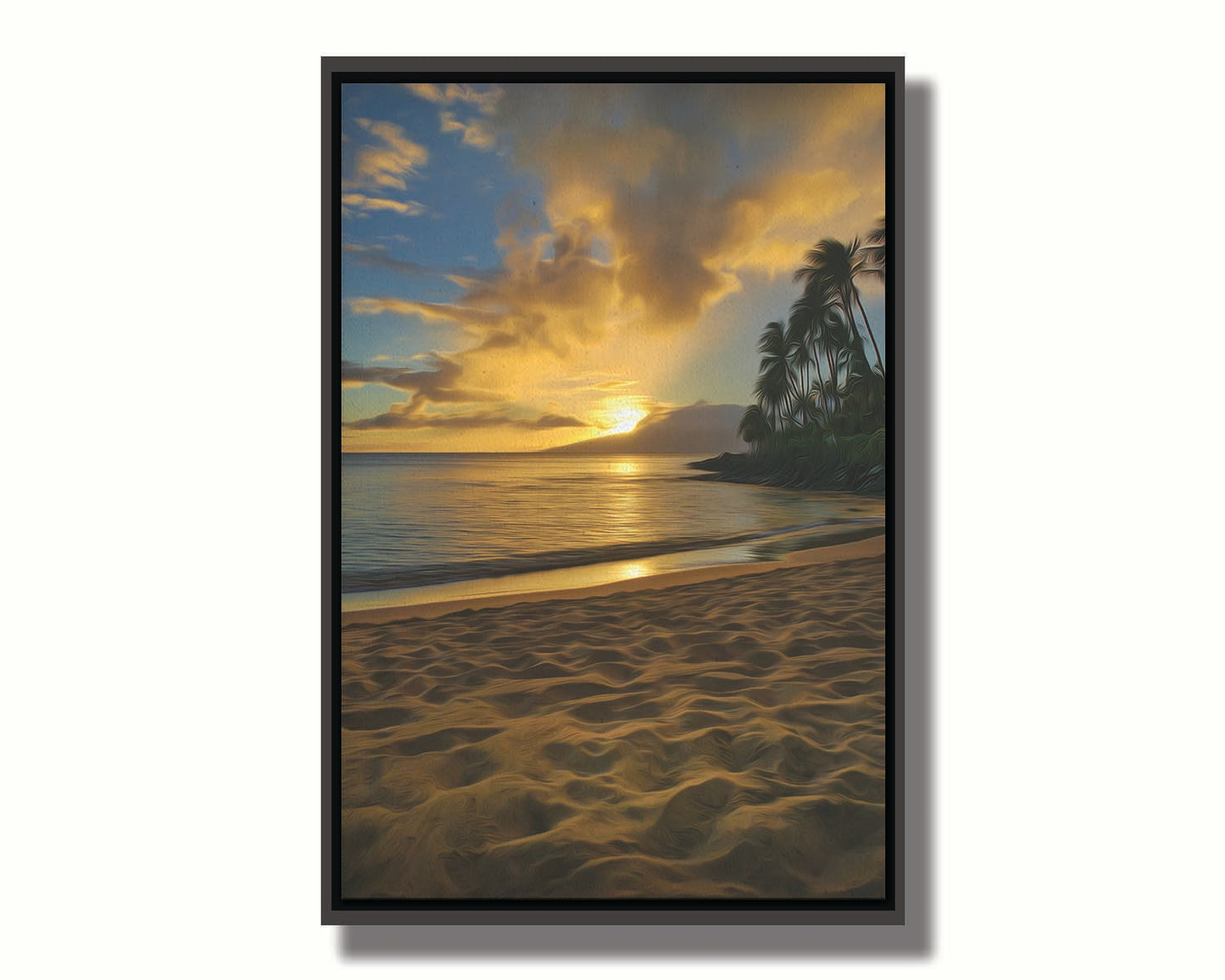 A photo of the sun low on the horizon of the sea at Maui, edited to have a painterly appearance. Printed on canvas in a float frame.