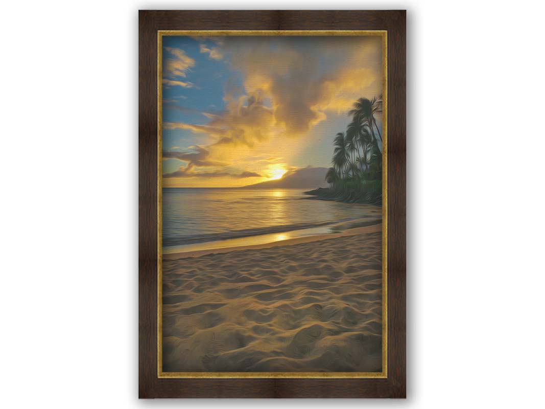 A photo of the sun low on the horizon of the sea at Maui, edited to have a painterly appearance. Printed on canvas and framed.