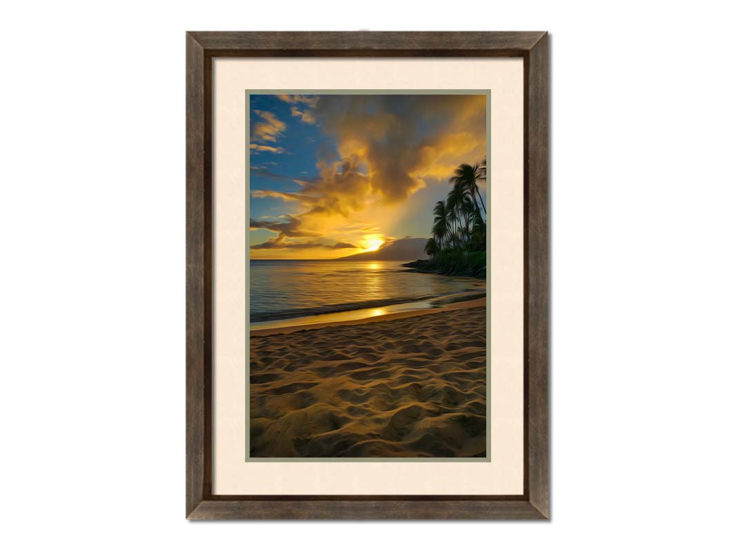 A photo of the sun low on the horizon of the sea at Maui, edited to have a painterly appearance. Printed on paper, matted, and framed.