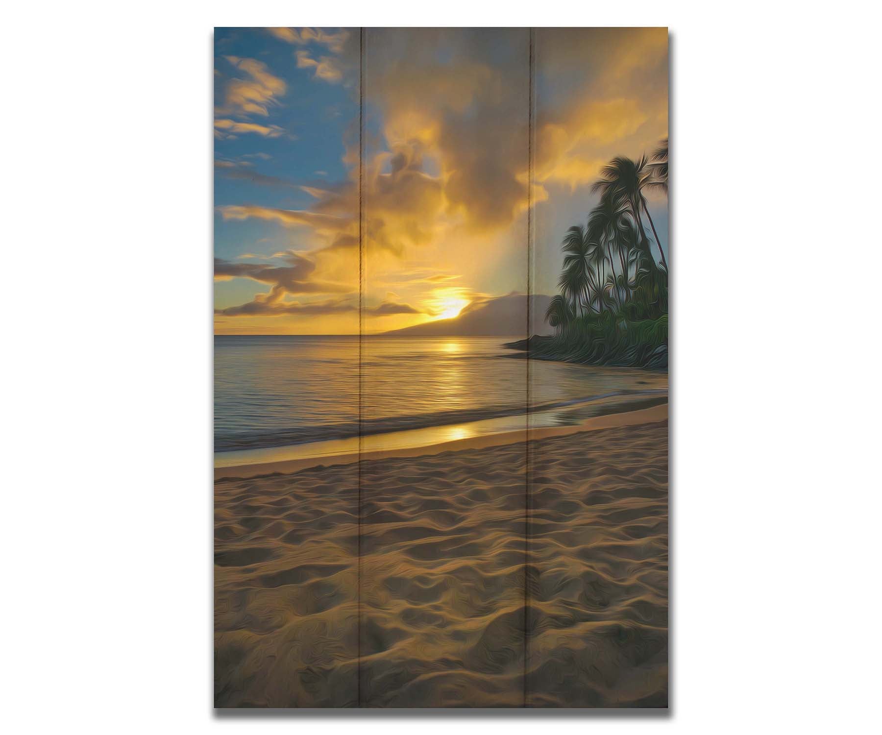 A photo of the sun low on the horizon of the sea at Maui, edited to have a painterly appearance. Printed on a box board.