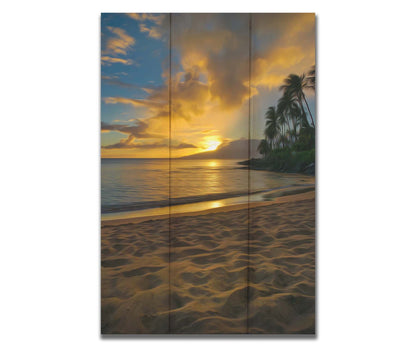 A photo of the sun low on the horizon of the sea at Maui, edited to have a painterly appearance. Printed on a box board.