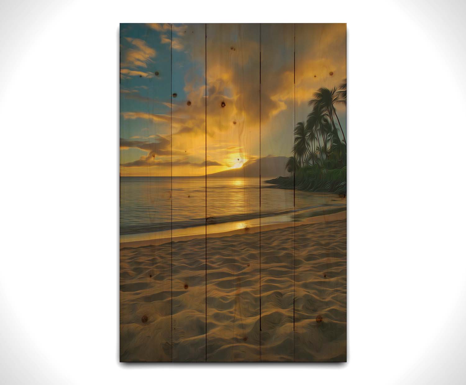 A photo of the sun low on the horizon of the sea at Maui, edited to have a painterly appearance. Printed on a wood pallet.