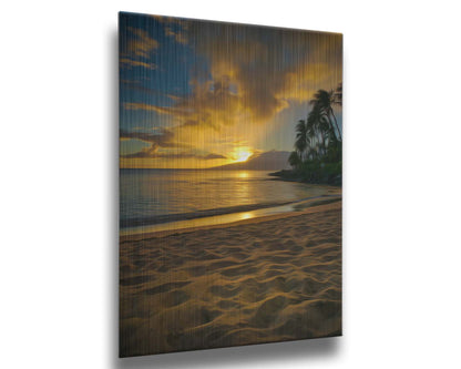 A photo of the sun low on the horizon of the sea at Maui, edited to have a painterly appearance. Printed on metal.