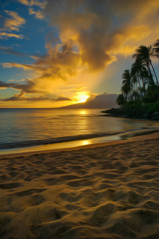 A photo of the sun low on the horizon of the sea at Maui, edited to have a painterly appearance.