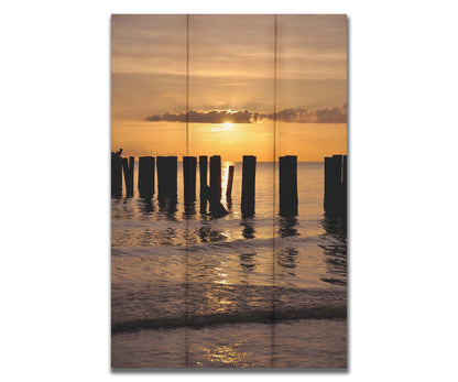 A photo of the remains of the Naples Beach pier in Florida. The sun is low on the horison and silhouettes the pillars in the sea. Printed on a box board.