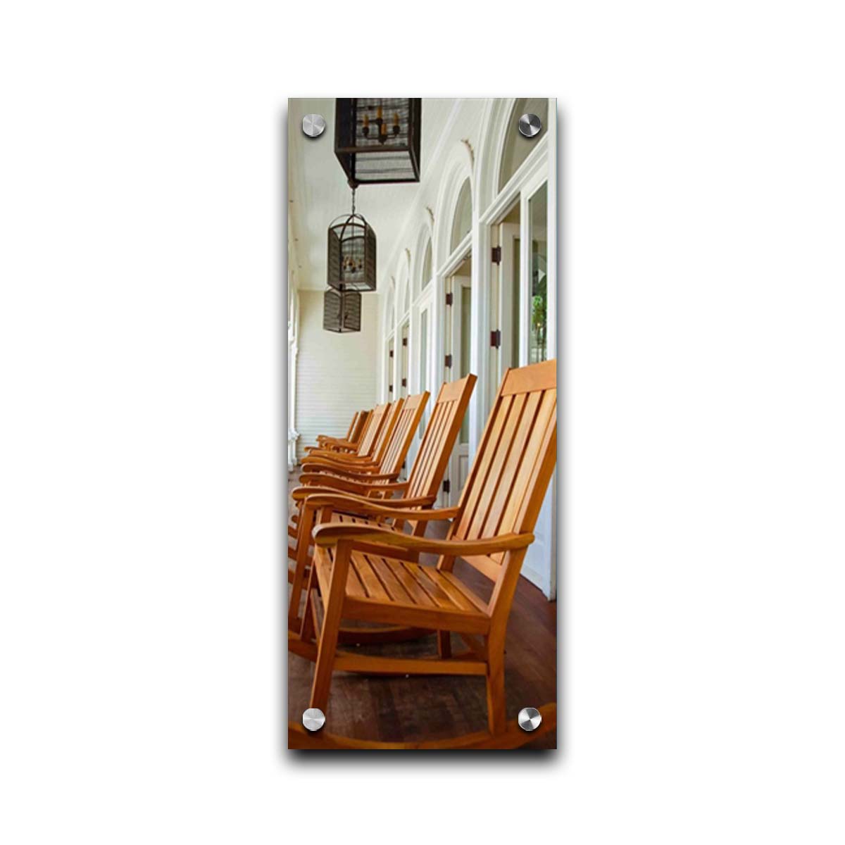 A photo looking down a row of rocking chairs on a porch in O'ahu, Hawaiʻi. Printed on acrylic.