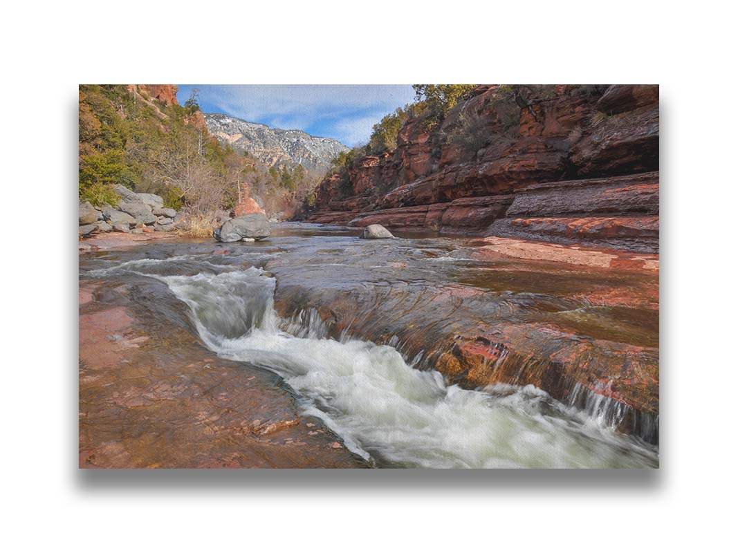 A photo of Slide Rock State Park in Sedona, Arizona, focusing on the iconic Oak Creek "natural waterslide." Printed on canvas.