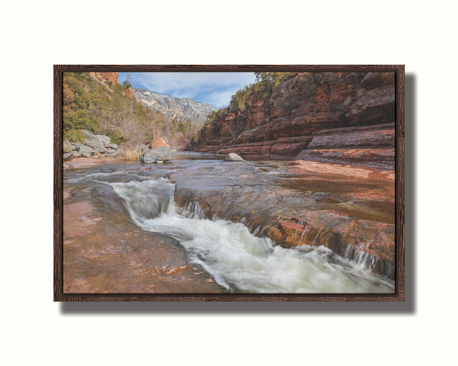 A photo of Slide Rock State Park in Sedona, Arizona, focusing on the iconic Oak Creek "natural waterslide." Printed on canvas in a float frame.