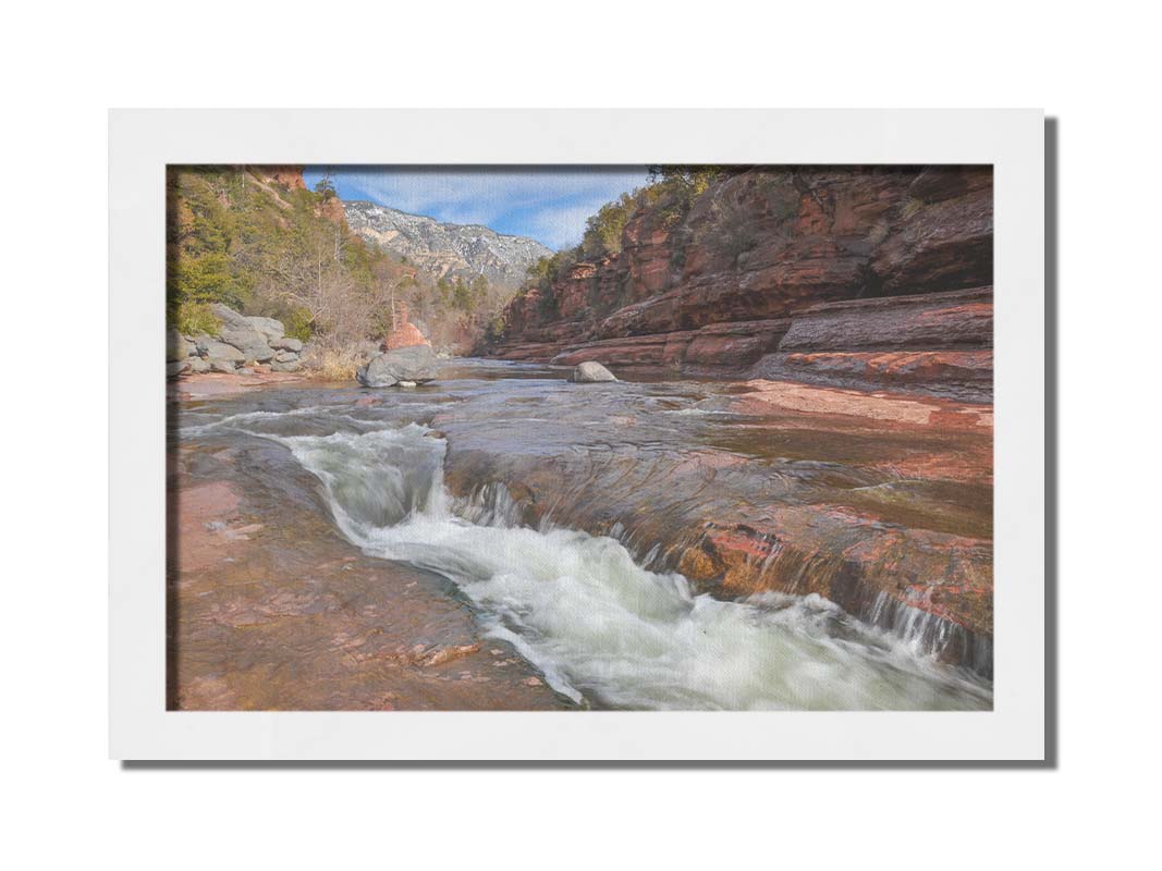 A photo of Slide Rock State Park in Sedona, Arizona, focusing on the iconic Oak Creek "natural waterslide." Printed on canvas and framed.