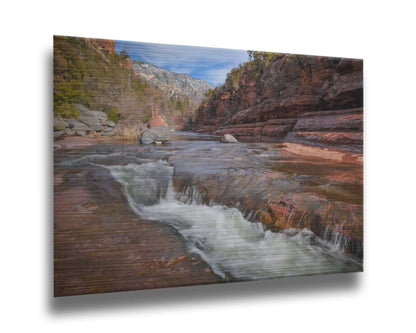 A photo of Slide Rock State Park in Sedona, Arizona, focusing on the iconic Oak Creek "natural waterslide." Printed on metal.