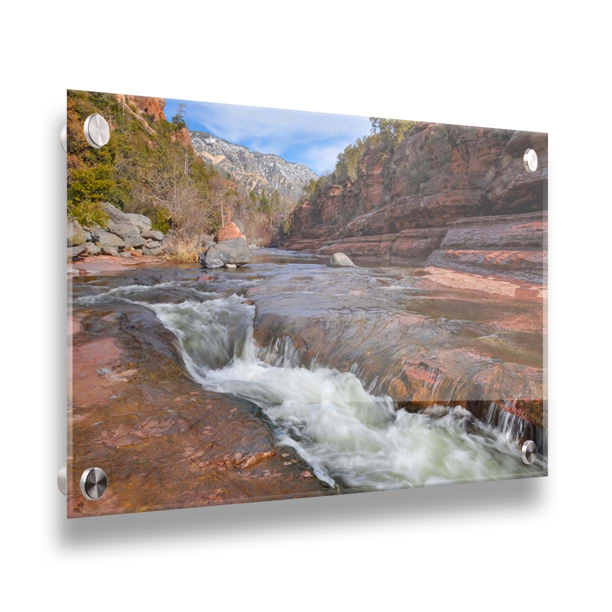 A photo of Slide Rock State Park in Sedona, Arizona, focusing on the iconic Oak Creek "natural waterslide." Printed on acrylic.