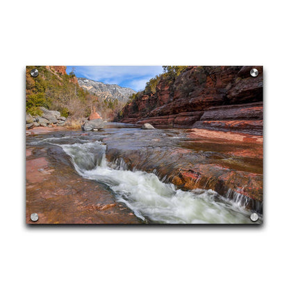 A photo of Slide Rock State Park in Sedona, Arizona, focusing on the iconic Oak Creek "natural waterslide." Printed on acrylic.