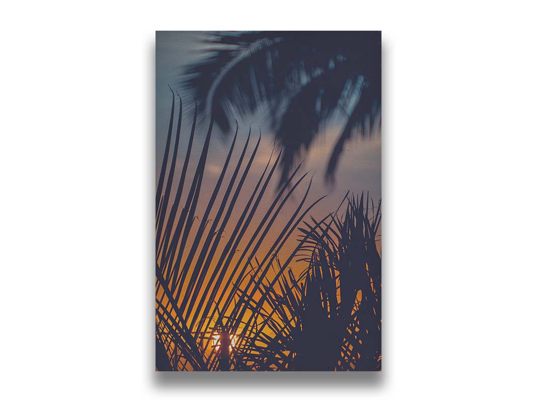 A photo of silhouetted palms at sunset. Printed on canvas.