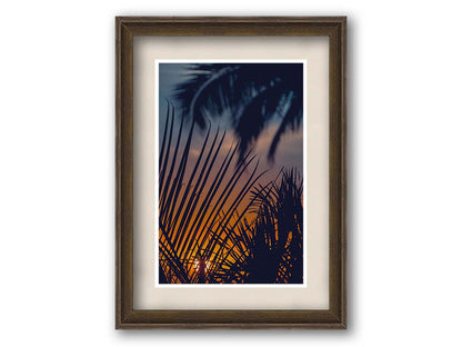 A photo of silhouetted palms at sunset. Printed on paper, matted, and framed.