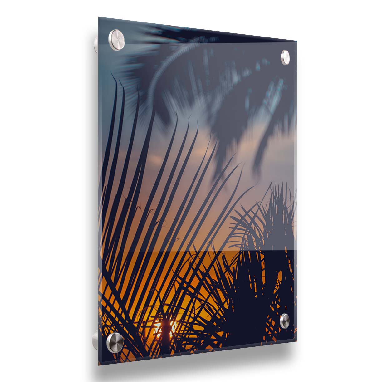 A photo of silhouetted palms at sunset. Printed on acrylic.