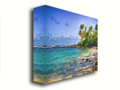 A photo of Laniākea beach. The water is a vibrant blue-green, and the stony beach circles around in the background where lush foliage and palm trees grow under a bright blue sky. It is edited to have a painterly quality. Printed on canvas.