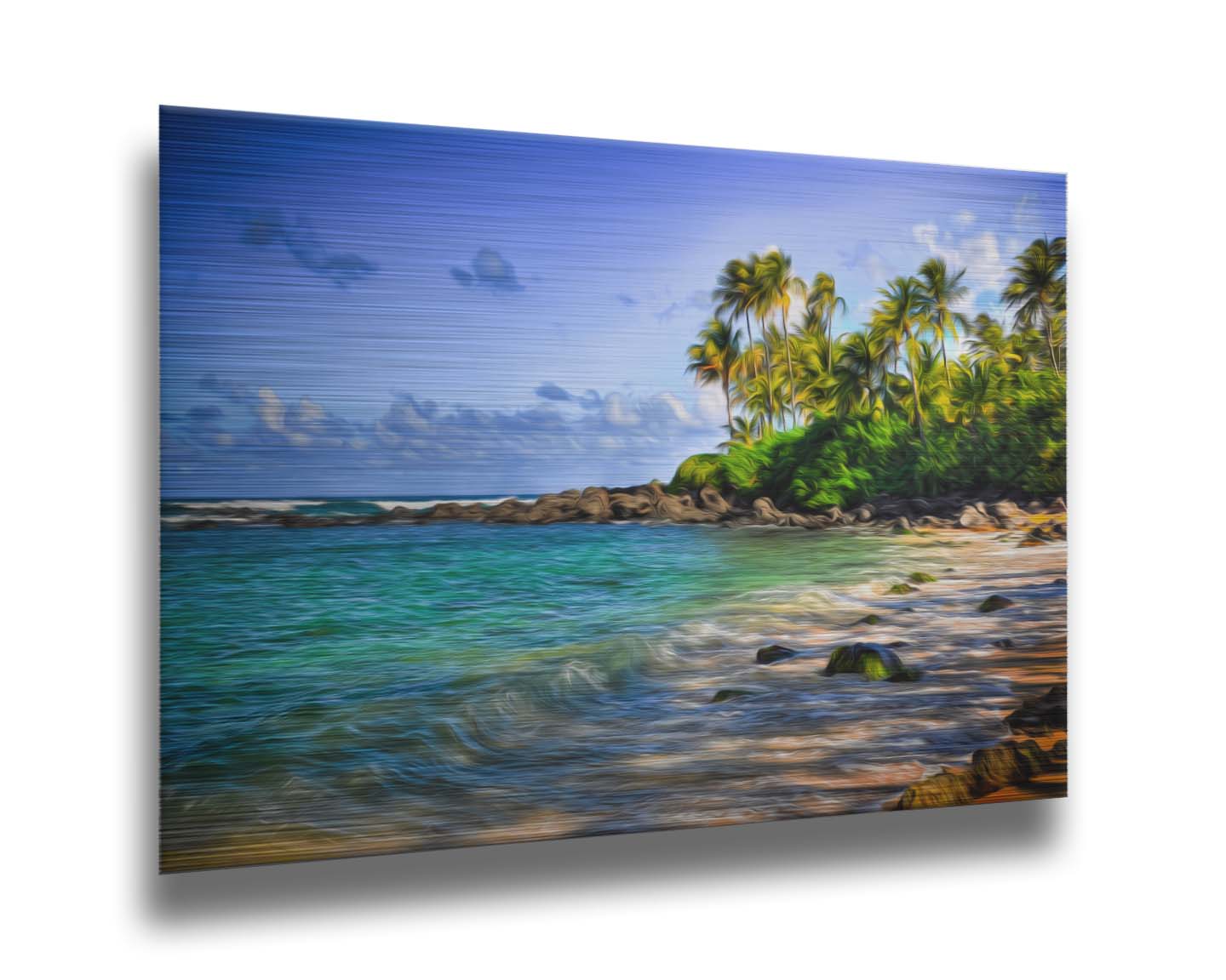 A photo of Laniākea beach. The water is a vibrant blue-green, and the stony beach circles around in the background where lush foliage and palm trees grow under a bright blue sky. It is edited to have a painterly quality. Printed on metal.