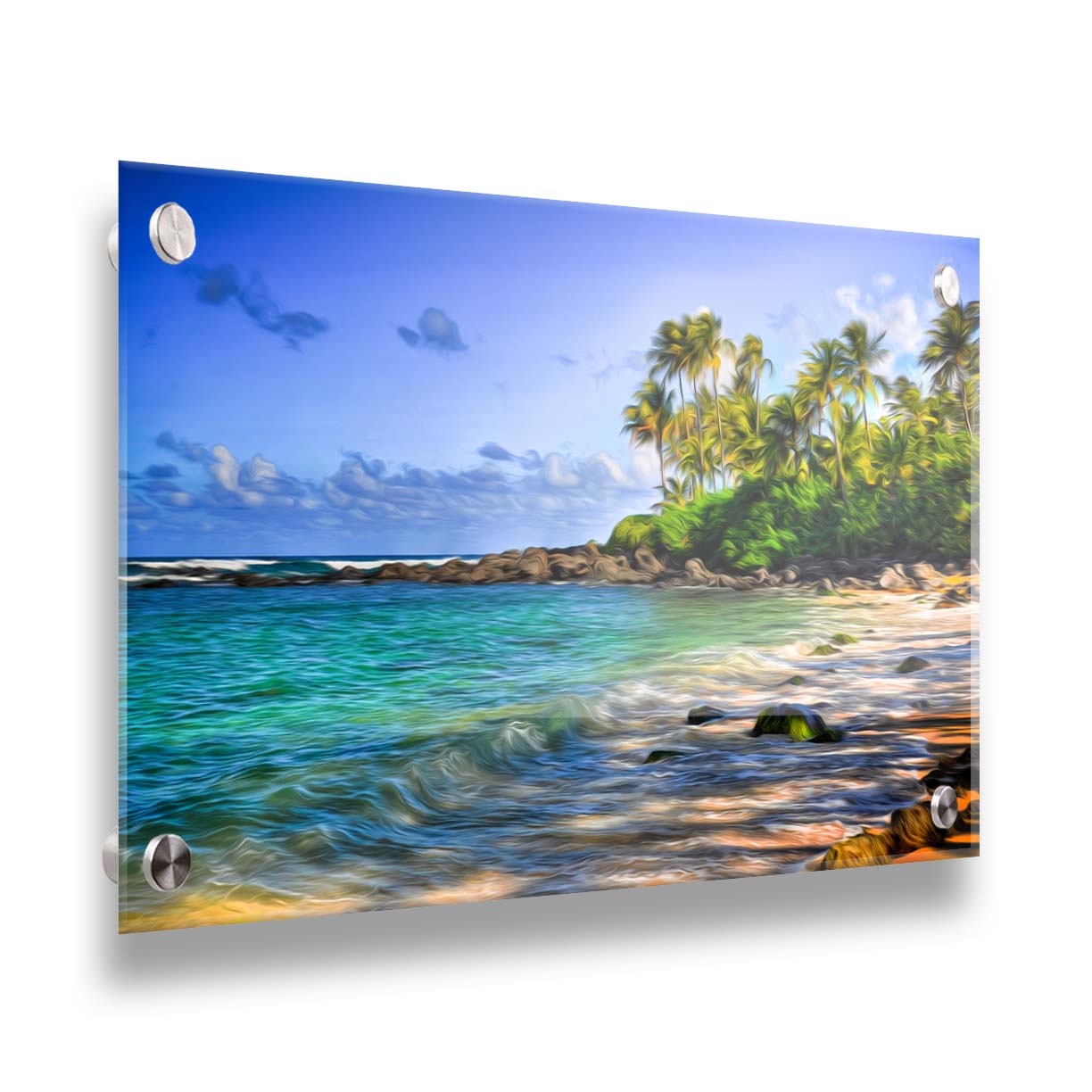 A photo of Laniākea beach. The water is a vibrant blue-green, and the stony beach circles around in the background where lush foliage and palm trees grow under a bright blue sky. It is edited to have a painterly quality. Printed on acrylic.