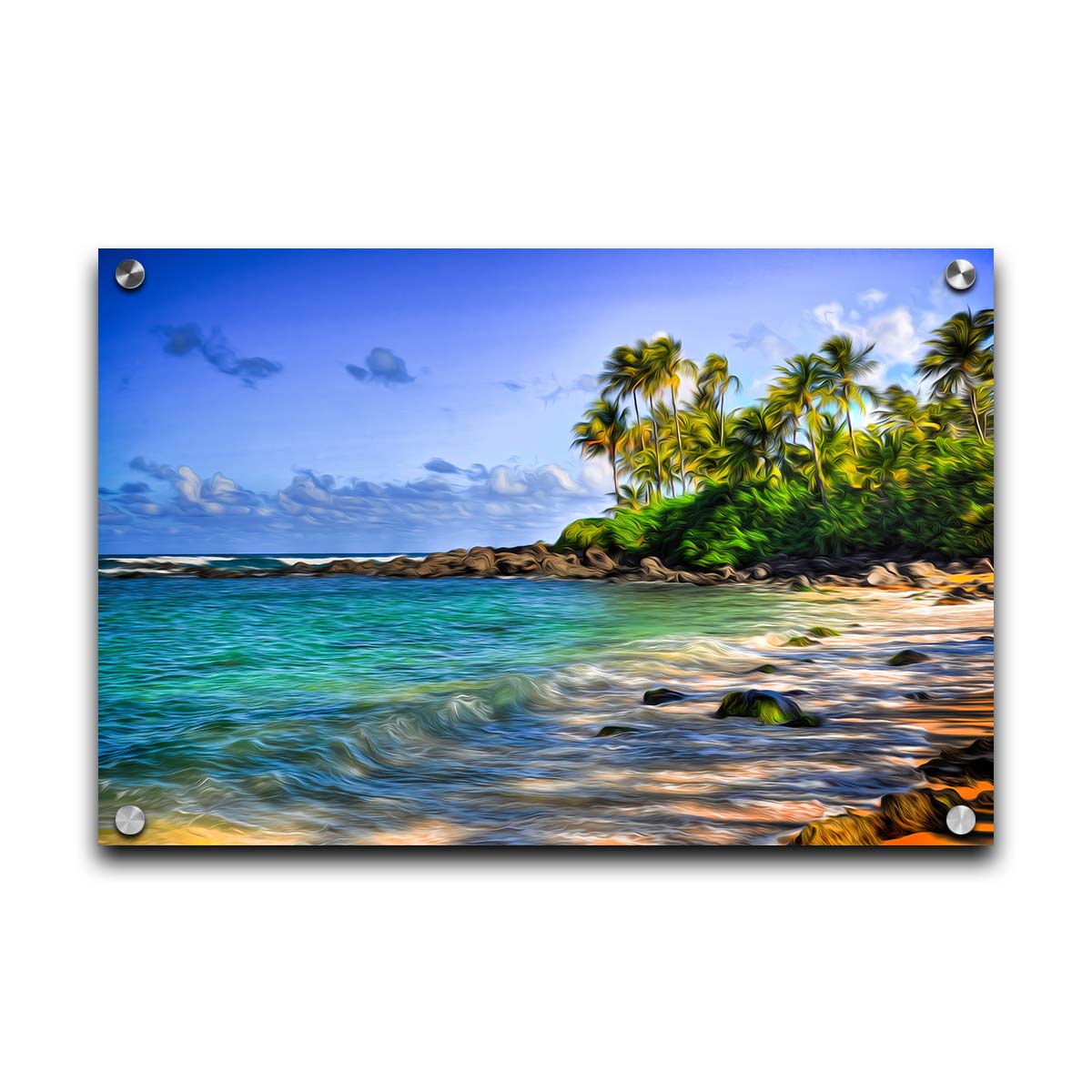 A photo of Laniākea beach. The water is a vibrant blue-green, and the stony beach circles around in the background where lush foliage and palm trees grow under a bright blue sky. It is edited to have a painterly quality. Printed on acrylic.