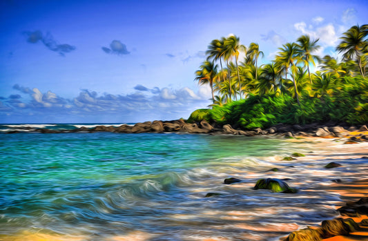 A photo of Laniākea beach. The water is a vibrant blue-green, and the stony beach circles around in the background where lush foliage and palm trees grow under a bright blue sky. It is edited to have a painterly quality.