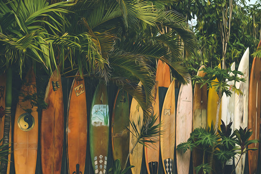 A photo edited to have a painterly appearance, showing a collection of surfboards lined up against a tropical background with palm leaves.
