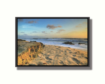 A photo of the Windansea beach at sunset. Printed on canvas in a float frame.