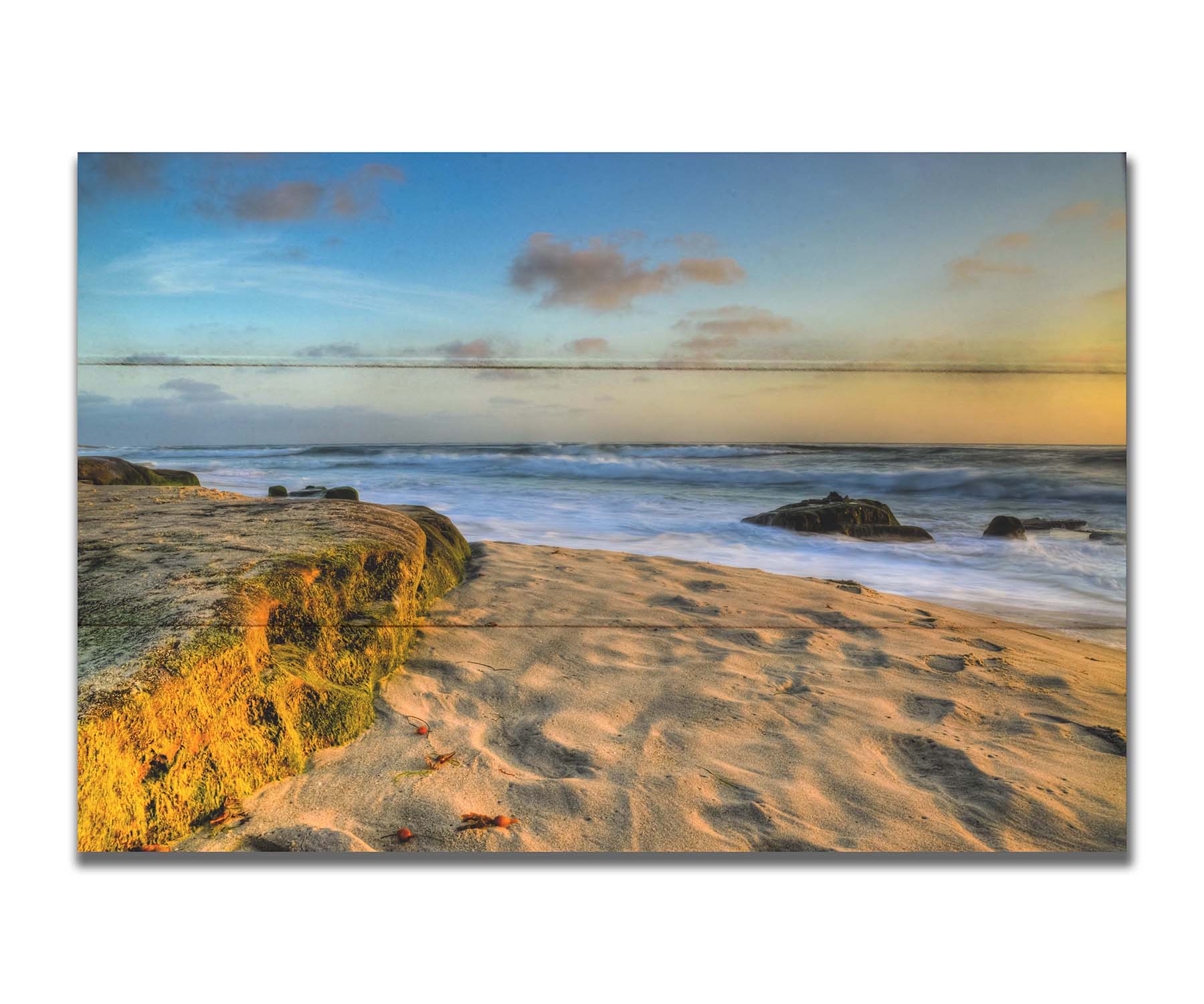 A photo of the Windansea beach at sunset. Printed on a box board.