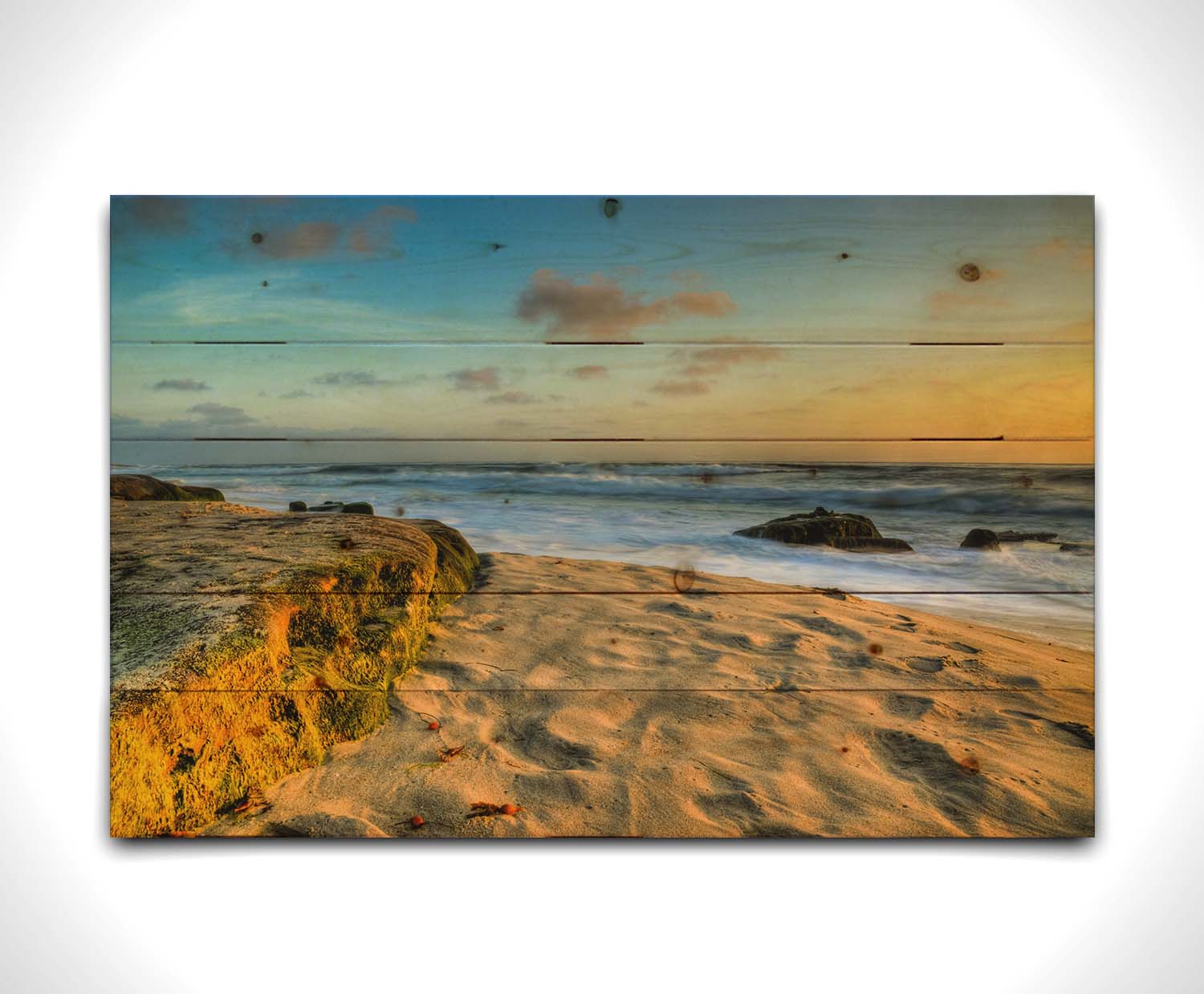 A photo of the Windansea beach at sunset. Printed on a wood pallet.