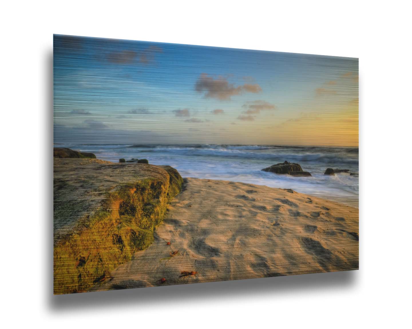 A photo of the Windansea beach at sunset. Printed on metal.